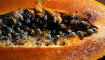macro view of a moldy papaya with discolored flesh and seeds covered in fungal growth under natural lighting photo