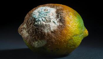 close-up of a rotting lime with browning skin and white mold patches under dramatic lighting photo