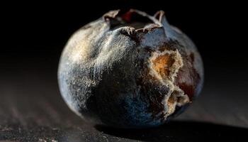 macro view of a spoiled blueberry with wrinkled skin and moldy patches on its surface under dramatic lighting photo