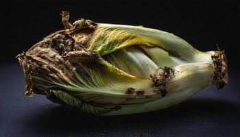 close-up of a rotting endive with wilting leaves and mold forming near the base under soft dramatic lighting photo