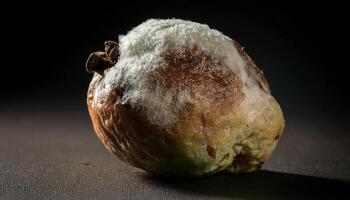 close-up of a discolored guava covered in white fungal fuzz and soft spots, showing natural decay and spoilage photo