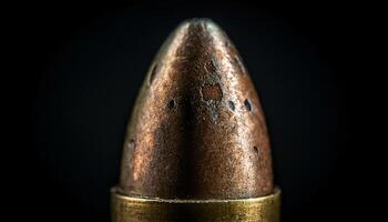 macro close-up of an aged bullet with visible corrosion and metallic texture against dark background photo