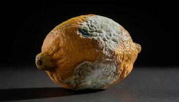 close-up of a shriveled lemon with white mold and discolored patches under dramatic studio lighting photo