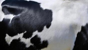 close-up of cowhide showcasing smooth black and white patch patterns with detailed fur texture for natural animal surface concepts photo