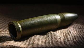 detailed close-up of a vintage mortar shell resting on burlap fabric with visible textures and shadows photo