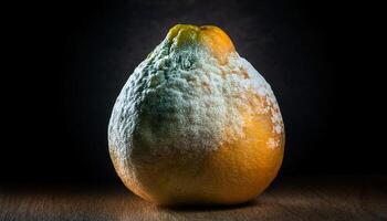 close-up of a moldy pomelo with thick white fungal growth and discoloration under dramatic lighting photo