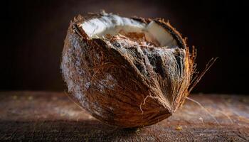 macro view of a rotting coconut with moldy outer shell and decayed interior on a wooden surface photo