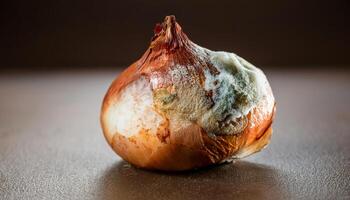 macro close-up of a moldy onion with peeling outer layers and prominent fungal patches on a textured surface photo