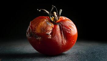 close-up of a rotting tomato with wrinkled skin and oozing juice under dramatic lighting photo