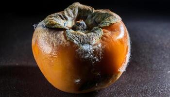 macro close-up of a moldy persimmon with softening texture and visible fungal growth spreading across its surface photo