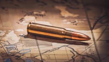 macro close-up of a single brass bullet casing with copper tip on a vintage map with intricate battle markings and aged texture photo
