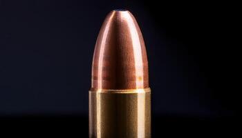 macro close-up of a single copper-tipped bullet casing standing upright with reflective metallic surface on a black background photo