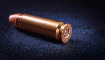 close-up of a single bullet with polished brass casing and detailed base engraving on a dark velvet surface under studio lighting photo