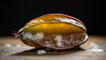 close-up of a moldy starfruit with browning edges and white fungal fuzz forming under soft lighting photo