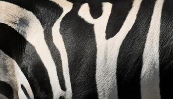 close-up view of zebra fur with contrasting black and white stripes in natural pattern and texture photo