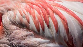 close-up texture of flamingo feathers showing soft pink and white hues with intricate patterns photo