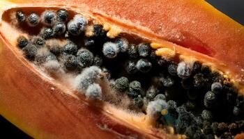 macro view of a moldy papaya slice with heavy fungal growth on seeds and discolored orange flesh under soft lighting photo