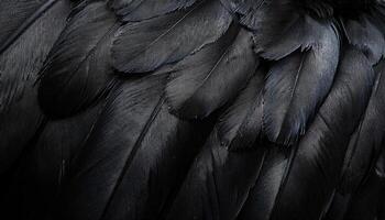 close-up of crow feathers showcasing glossy black texture and intricate details for natural bird patterns photo
