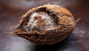 macro view of a rotting coconut with split shell and dense mold growth inside under soft lighting photo