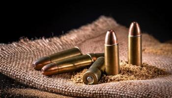 close-up of bullet casings arranged on a burlap sack with scattered grains of sand for military and ammunition themes photo