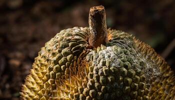 macro view of a shriveled jackfruit with mold patches and dried skin on a natural background photo