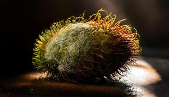 close-up of a moldy rambutan with hairy shell covered in green fungal fuzz under dramatic lighting photo
