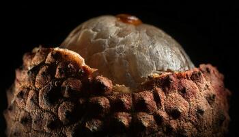close-up of a decayed lychee fruit with cracked textured skin and exposed translucent inner flesh under dramatic lighting photo
