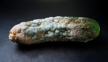 macro close-up of a moldy cucumber with shriveled skin and extensive white fungal growth on a dark background photo
