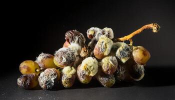 macro close-up of a moldy bunch of grapes with deflated berries and white fungal growth on a dark background photo
