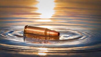 close-up of a bullet casing submerged in shallow water, reflecting golden sunlight and ripples on the surface during sunset photo