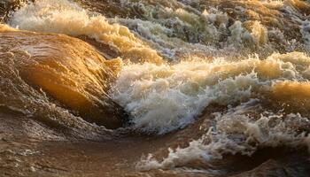 dynamic close-up of a roaring river with swirling eddies and cascading waves in warm golden light photo