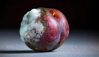close-up of a spoiled plum with cracked skin and visible mold patches on the surface under dramatic lighting photo