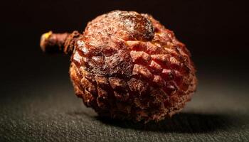 close-up of a decayed lychee fruit with cracked textured skin and darkened inner flesh under soft lighting photo