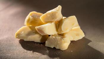 macro shot of natural cocoa butter chunks on neutral fabric background highlighting raw organic texture and skincare ingredient photo