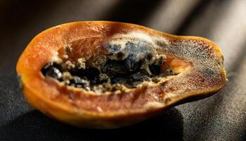 macro view of a moldy papaya slice with fungal growth on seeds and discolored flesh under natural light photo