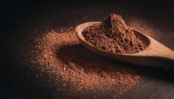 close-up of cacao powder in a wooden spoon with scattered powder on a dark textured surface under dramatic lighting photo