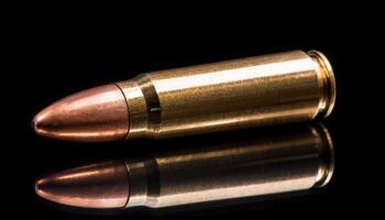 macro close-up of a single brass bullet casing with copper tip on reflective black surface and dramatic lighting photo