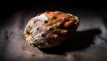 close-up of a dried cactus pear with mold growth and shriveled skin under dramatic lighting photo