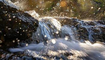 sparkling cascade of a small waterfall, droplets glistening in sunlight with dynamic motion photo