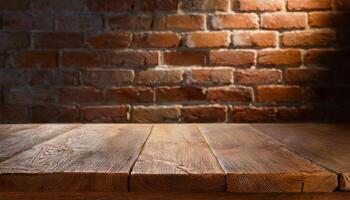 rustic wooden table with textured planks against a vintage red brick wall background photo