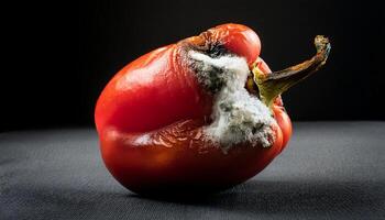 close-up of a rotting red bell pepper with white mold growth and shriveled skin under dark studio lighting photo