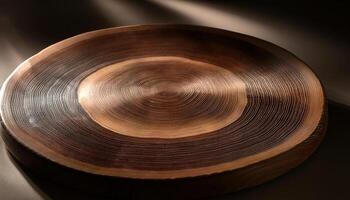 circular wooden plate with polished concentric grain patterns illuminated by soft natural light photo