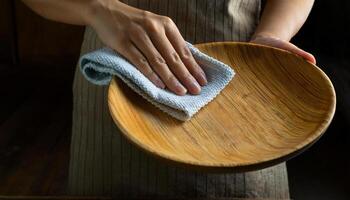 close-up of hands wiping a textured wooden plate with a soft cloth for cleaning and kitchen maintenance concepts photo