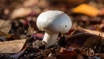 White Button Mushroom Surrounded by Autumn Leaves photo
