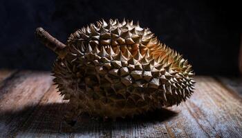 close-up of a rotting durian with browning spikes and soft mushy flesh under moody lighting on a wooden surface photo