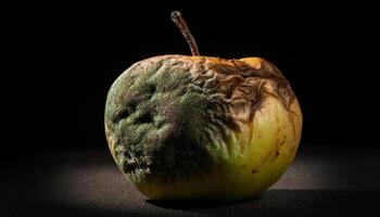 close-up of a rotting apple with brown spots and green mold growth spreading across its wrinkled surface under low light photo