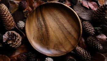 a rustic wooden plate with rich grain patterns surrounded by dried autumn leaves and assorted pinecones in a forest-inspired arrangement photo