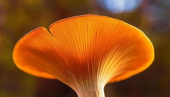 a close-up view of a vibrant orange mushroom cap showcasing intricate gills and natural textures, illuminated by soft sunlight photo