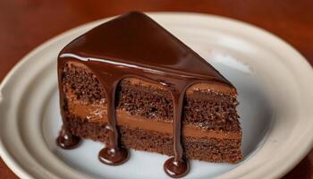 close-up of a decadent chocolate cake slice with glossy ganache dripping from the edges on a white plate photo