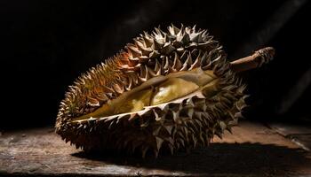close-up of a split rotting durian with browning spikes and exposed mushy flesh under dramatic lighting on a rustic surface photo